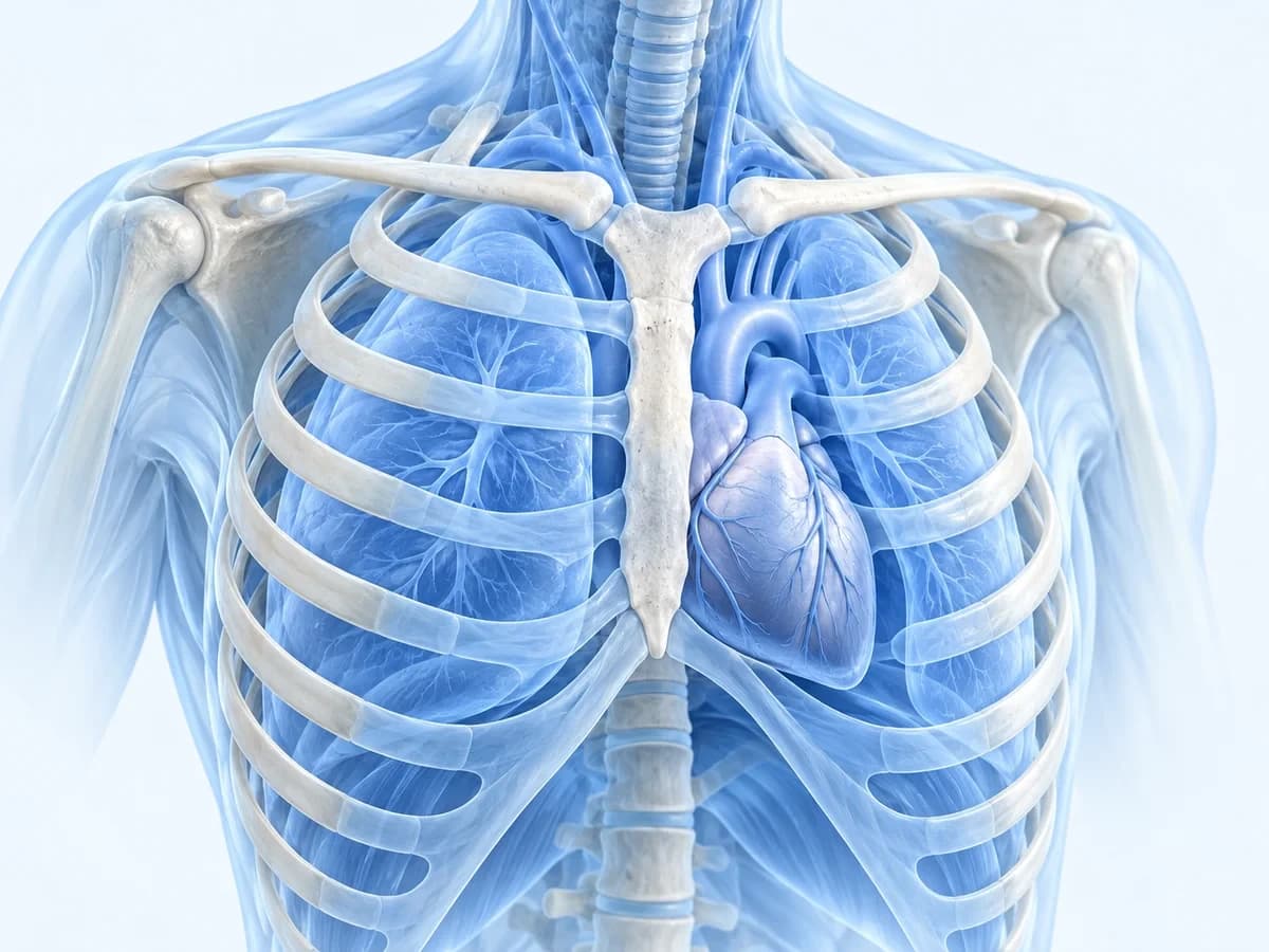 Anatomical illustration of the heart and lungs within the rib cage