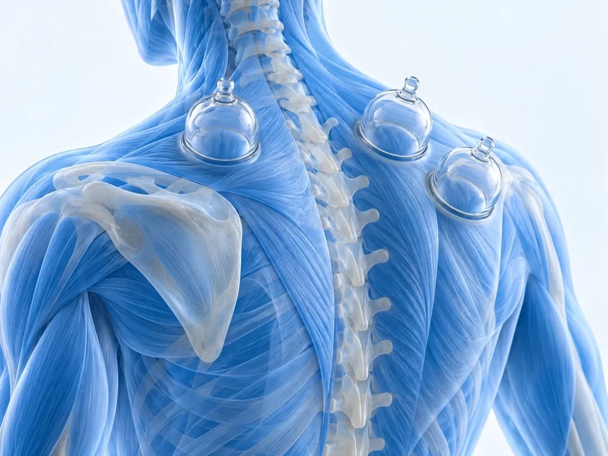 Illustration of transparent cupping cups over the muscles of the back