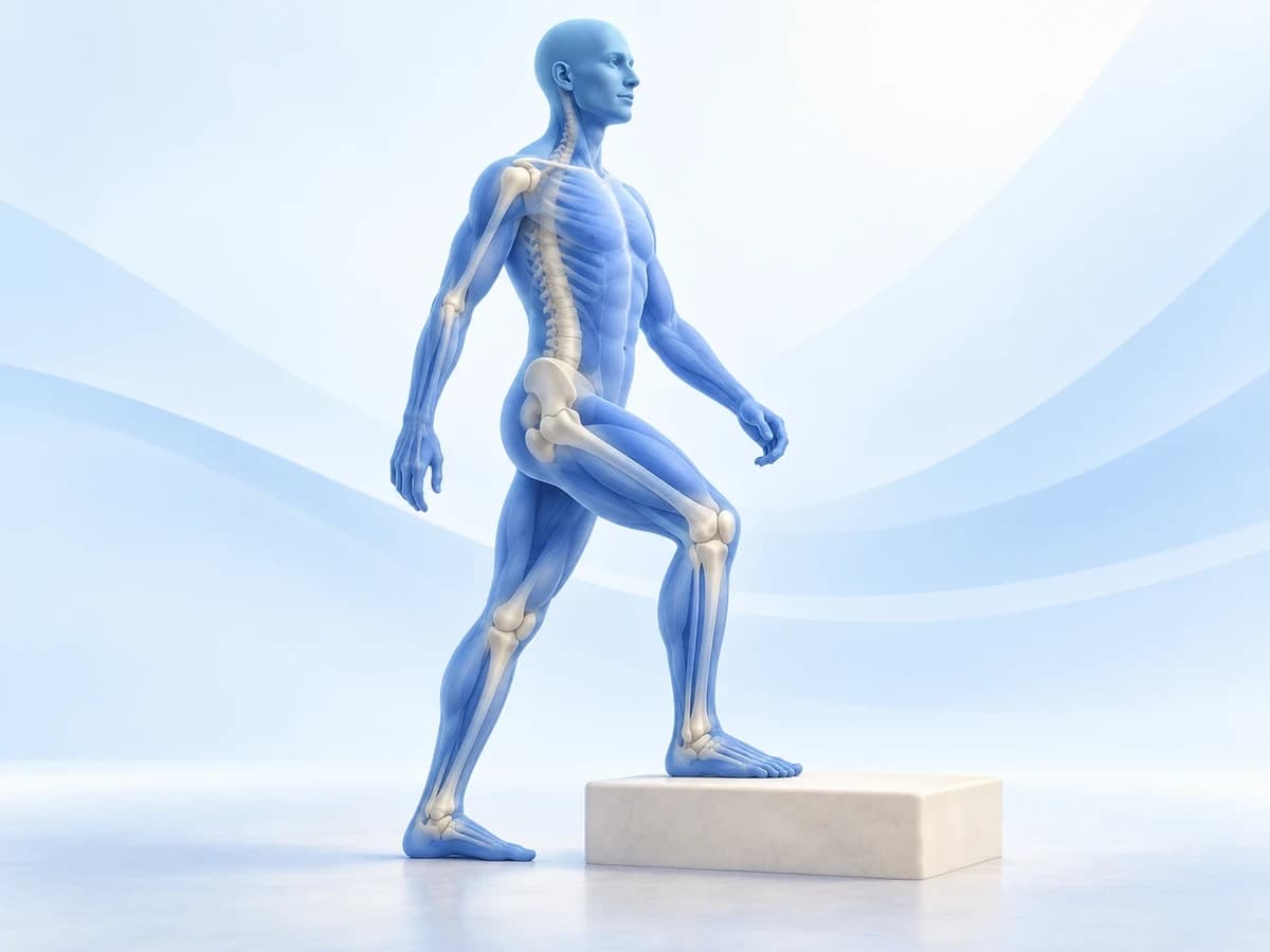 Blue anatomical figure stepping onto a low platform, illustrating everyday mobility and strength