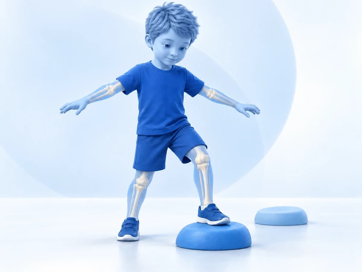Blue anatomical illustration of a child practising balance with one foot on a low stepping pad